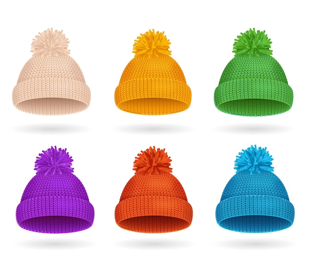 Вектор Вязаная цветная шапка зимний комплект модный аксессуар. векторная иллюстрация
