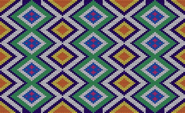 Knitted ethnic pattern Vector cross stitch geometric background Green and yellow pattern geometry