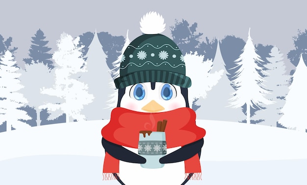 Knitted hat, red scarf, hot, winter drink, coffee or latte. A little cute penguin in a winter hat and a scarf holds a hot drink in his hands. Ready postcard. Vector illustration.