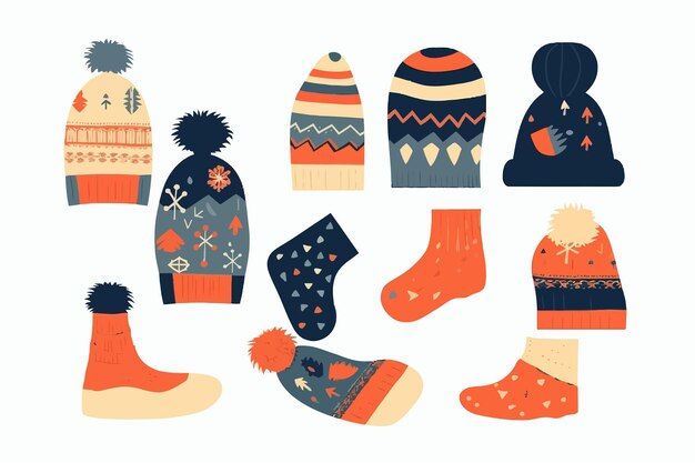 Knitted hat and socks flat vector illustration Warm clothing winter knitwear Isolated on white background Vector cartoon illustration