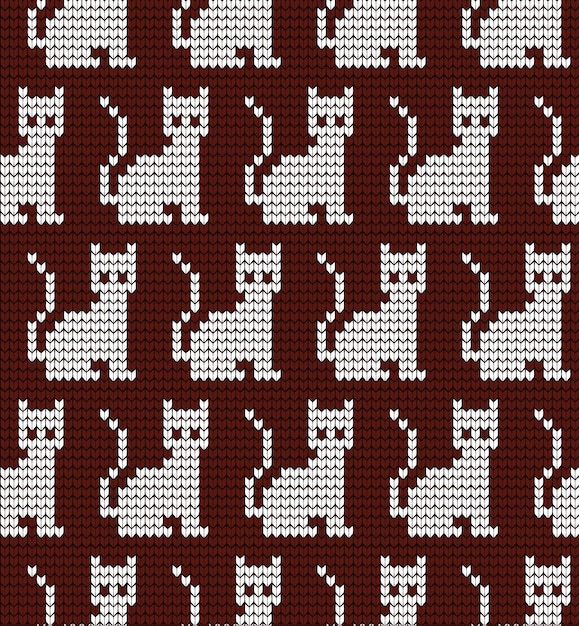 Vettore modello senza cuciture lavorato a maglia con motivo a maglia di gatti su tessuto