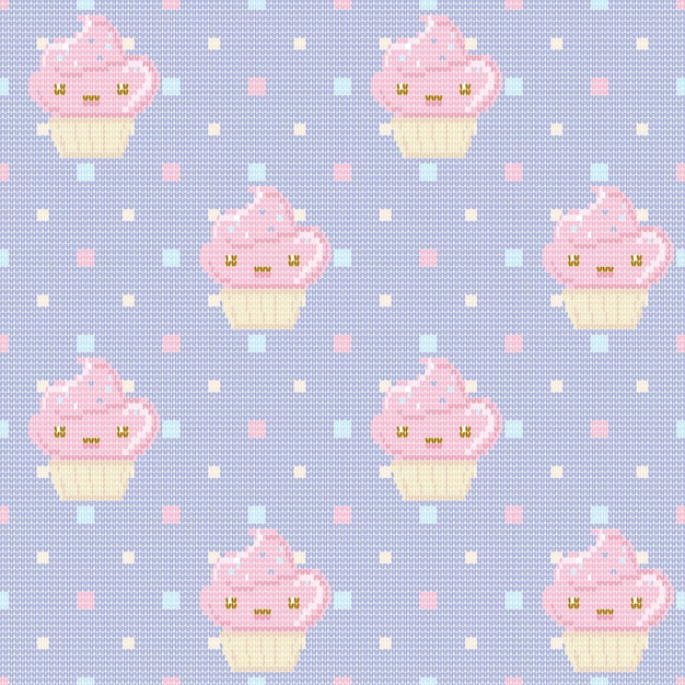 Vector knitted seamless pattern with cupcakes on purple polka dot background