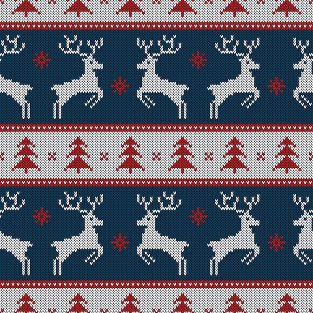 Knitted seamless pattern with deers and fir-trees.