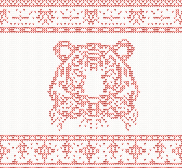 Knitted Tiger Seamless Pattern in Red Color