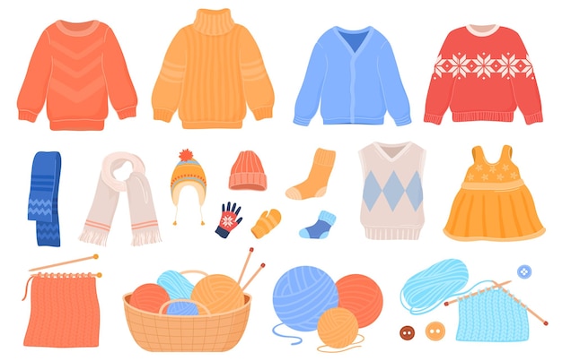 Knitted warm comfortable pleasant to the touch clothes knitting tools and threads vector illustratio