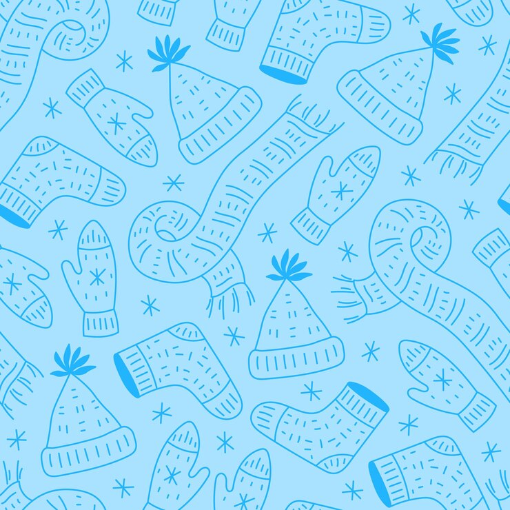 Knitted Winter Accessory Doodle Seamless Pattern warm clothes and snowflakes background