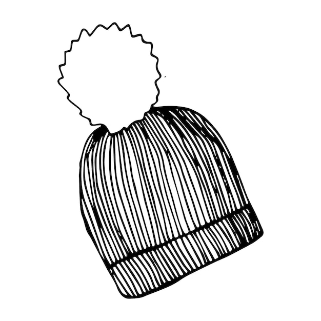 Cappello in lana invernale lavorato a maglia con pompon clip art disegnata a mano isolata su sfondo bianco illustrazione vettoriale di stock decorazione per le vacanze