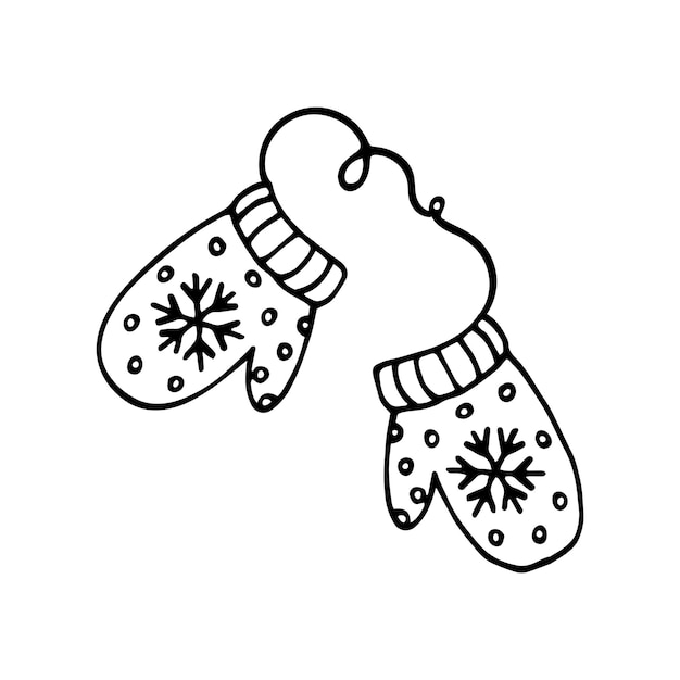 Knitted wool mittens on a rope with snowflakes Contour doodle illustration