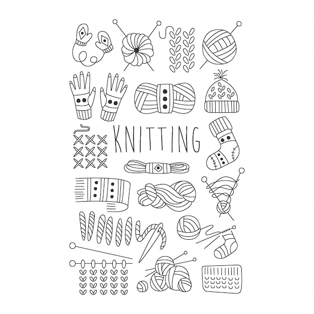 Vector knitting. black and white  hand drawn set.
