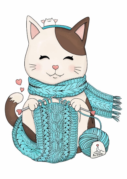 Knitting cat with knitted accessories and yarn balls vector illustration