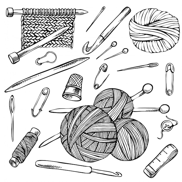 Knitting and crochet, sketch set of contour drawings, hand drawn knitting elements.