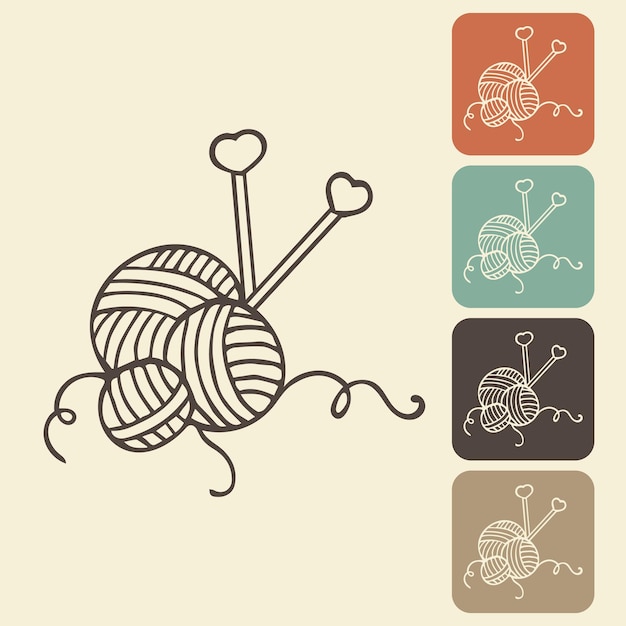 Vector knitting and crocheting icon in different variations a skein a ball of thread a hook and needles