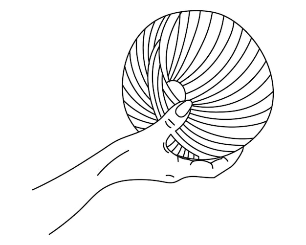 뜨개질 아이콘, 여성의 손은 실 타래를 잡고 있습니다. 라인 아트, 스케치, 클립 아트, 벡터