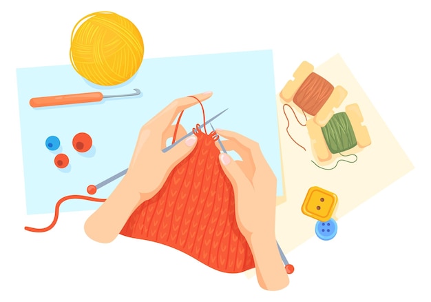 ベクトル 編み物アイコン針と毛糸で女性の手漫画の趣味のシンボル
