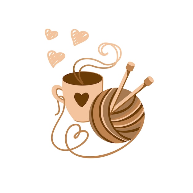 Knitting logo skein of yarn and a cup of hot coffee knitting illustration vector