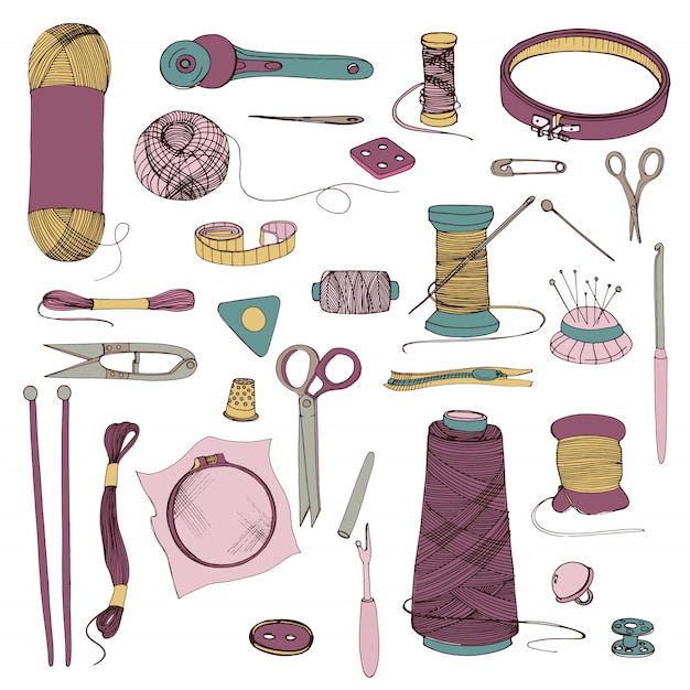 Vector knitting and sewing accessories. hand drawn colorful illustrations set.