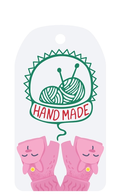 Vector knitting yarn balls with needles in a labeled ribbon cute pink gloves crafting diy projects and