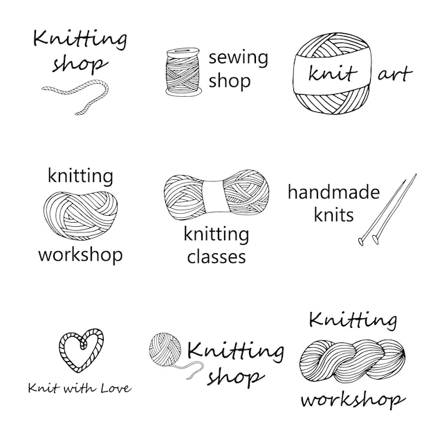 Knitting yarn logo set in hand drawn style