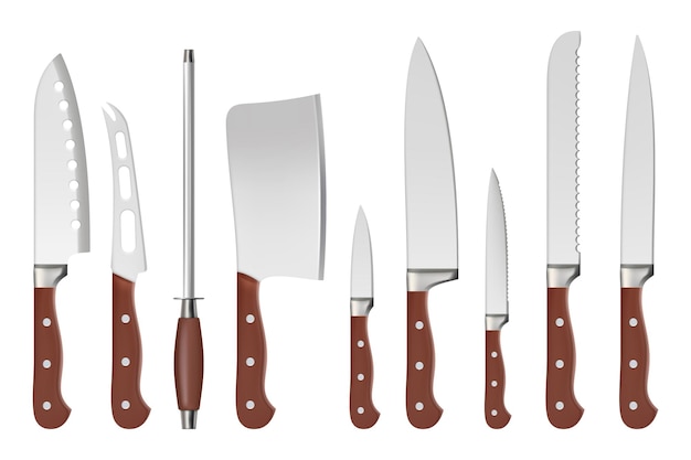 Knives. Butcher professional sharp handle knives kitchenware restaurant accessories for cook vector closeup isolated pictures