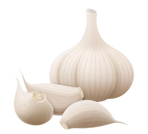 Knoflookset Hele knoflookkop en niet geschilde kruidnagels geïsoleerd op witte achtergrond Gewas ingrediënt