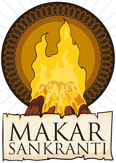 Knop en vreugdevuur met boekrol voor de dag voorafgaand aan makar sankranti traditioneel bhogi of lohri genoemd