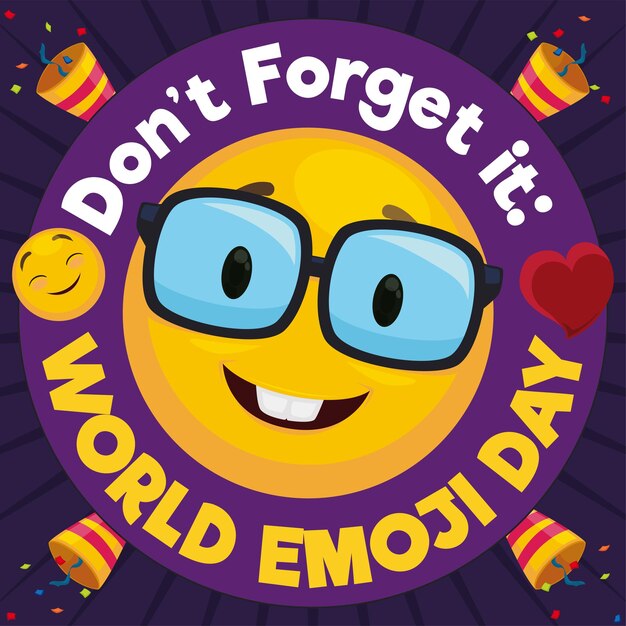 Vector knop met nerd en feestelijke objecten ter promotie van world emoji day