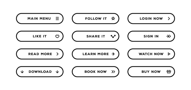 Knop vector instellen zwarte lijnstijl met gebruikersinterfacepictogram geïsoleerd op transparante achtergrond voor website ui mobiele app Oproep tot actie pictogram knop Vector 10 eps