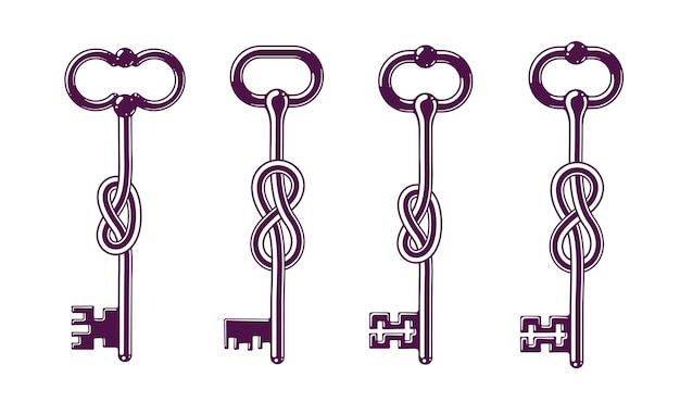 Simbolo allegorico chiave annodato di mantenere il segreto, chiavi in mano antico vintage in un nodo, concetto di difesa e sicurezza, protezione dei dati personali con password, logo vettoriale.