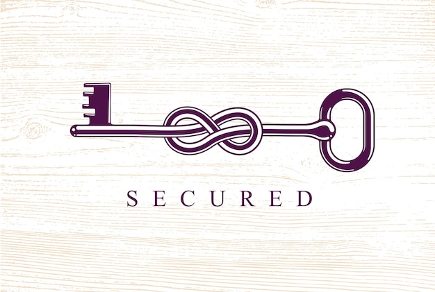 비밀 유지의 매듭이 있는 키 비유적 상징, 매듭의 빈티지 골동품 턴키, 방어 및 보안 개념, 암호 개인 데이터 보호, 벡터 로고.