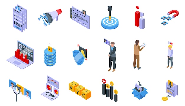 Know your client icons set isometric vector. Card cms