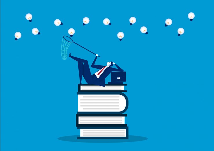 Vector knowledge, book, education, information, idea concept. man sit on books and trap for creative..