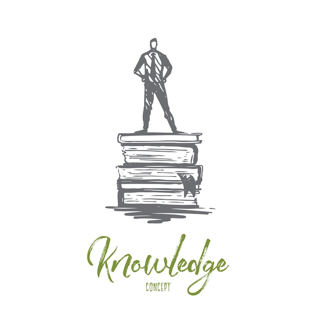 Knowledge, book, education, information, learn concept. hand drawn man standing on books concept sketch.