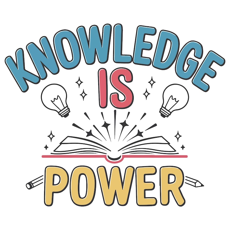 वेक्टर knowledge is power educational tshirt design with colorful text and enlightening symbols