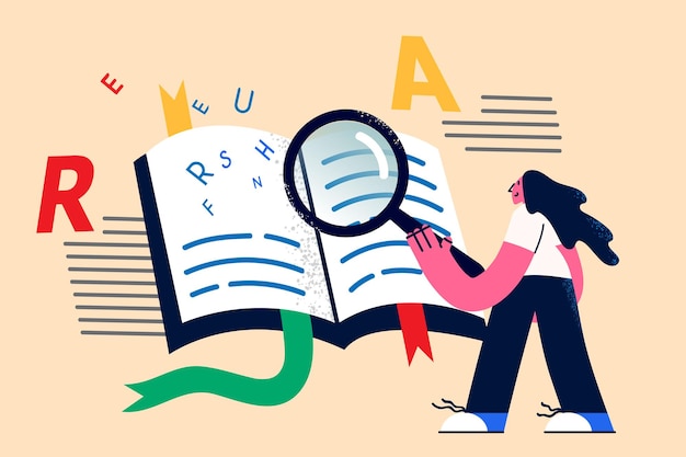 Знания, ищущие информацию концепции. Молодая позитивная улыбающаяся женщина, стоящая в поисках информации в книгах с лупой в руке, векторная иллюстрация