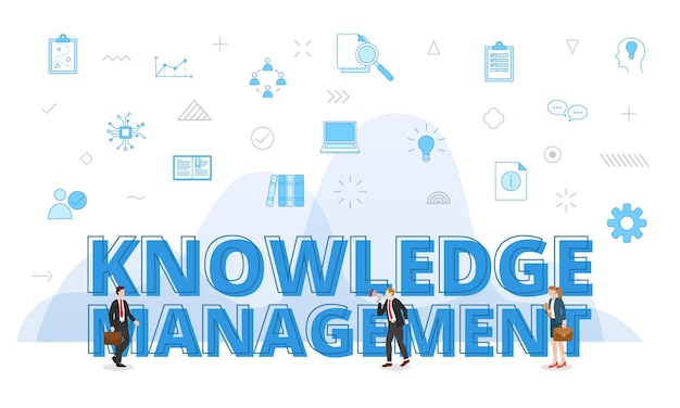 Knowledge management concept with big words and people surrounded by related icon with blue color style