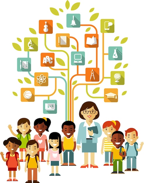 Knowledge Tree Chart with Education Icons Teacher and School Students