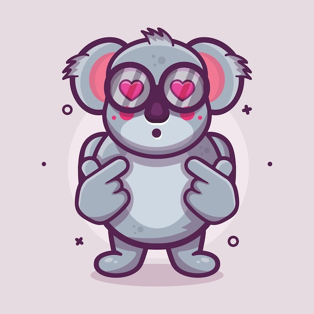 Mascotte del carattere animale del koala con il fumetto isolato di gesto di mano del segno di amore nella progettazione piana di stile