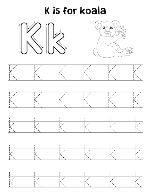 Vettore koala animal tracing letter abc pagina da colorare k