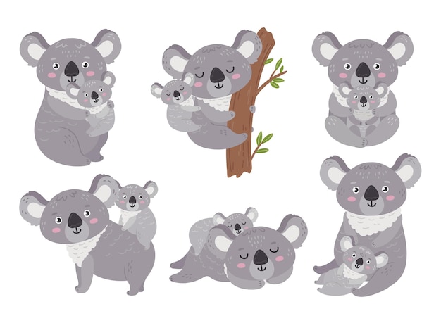 Vettore koala e bambino madre animale abbracci bambini clipart cartone animato koala mamma e cutie bambini selvaggi australia simboli orso giungla caratteri vettoriali neoterici