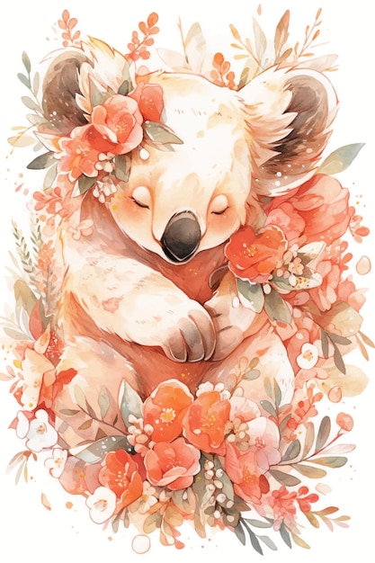 A koala bear is surrounded by flowers and leaves.