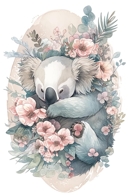 A koala bear sleeping in a floral frame