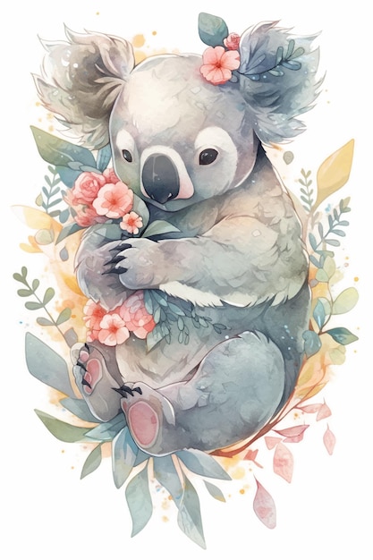 A koala bear with flowers and leaves