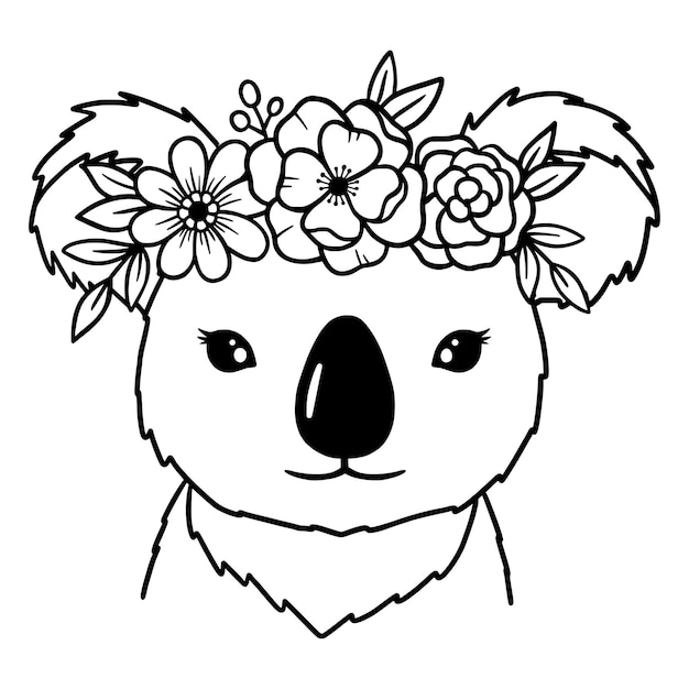 Koala black and white hand drawn portrait Koala with wreath of flowers Crown of flowers