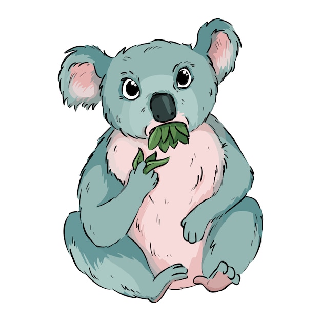 コアラはユーカリ漫画落書きを食べています。かわいいコアラ動物の咀嚼は子供のために描くコミックスタイルを残します。ストック画像