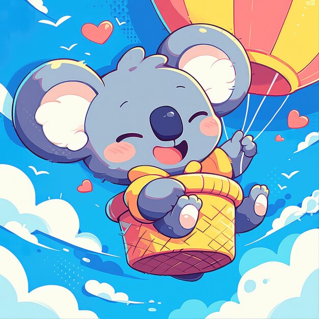 A koala in a hot air balloon basket cartoon style