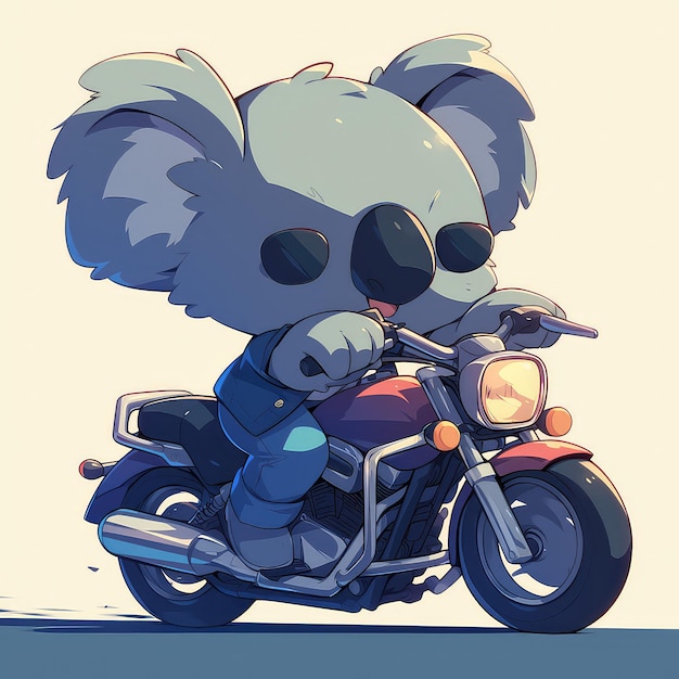 A koala is riding a motorcycle cartoon style