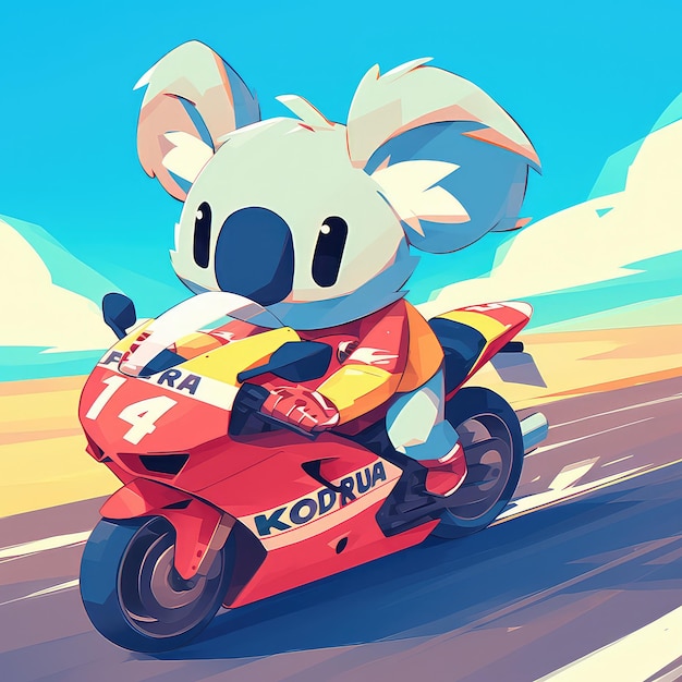 A koala is riding a motorcycle cartoon style