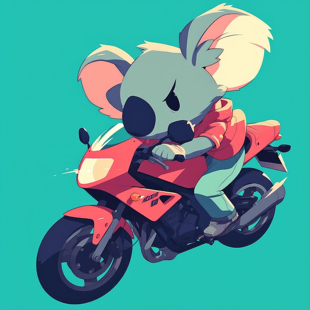 A koala is riding a motorcycle cartoon style