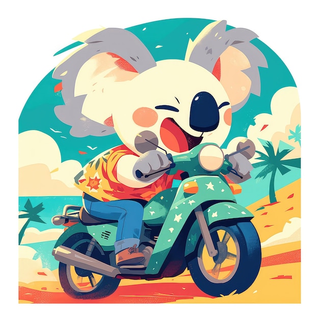 A koala is riding a motorcycle cartoon style