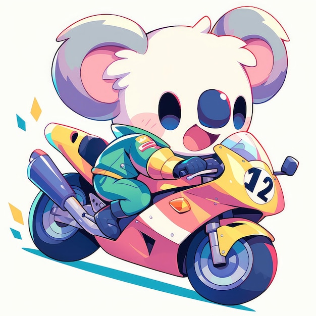 A koala is riding a motorcycle cartoon style